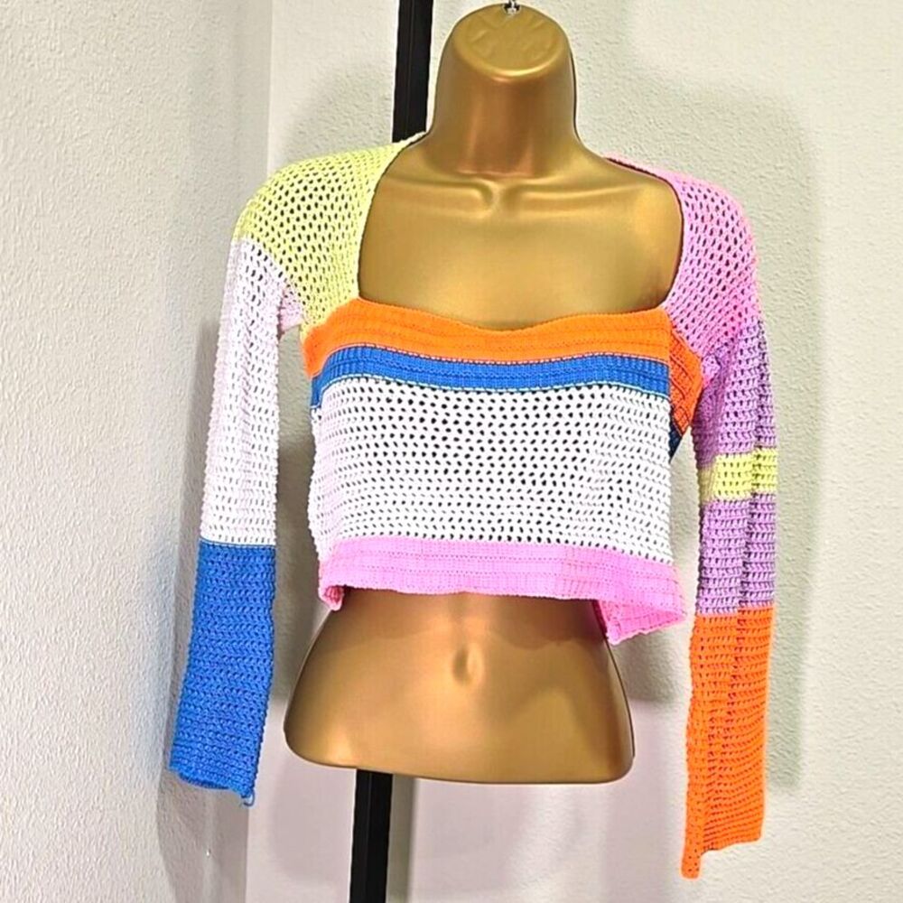 Crochet Crop Sweater Womens Sm Open Knit Pastel Boho Festival Colorblock Mesh